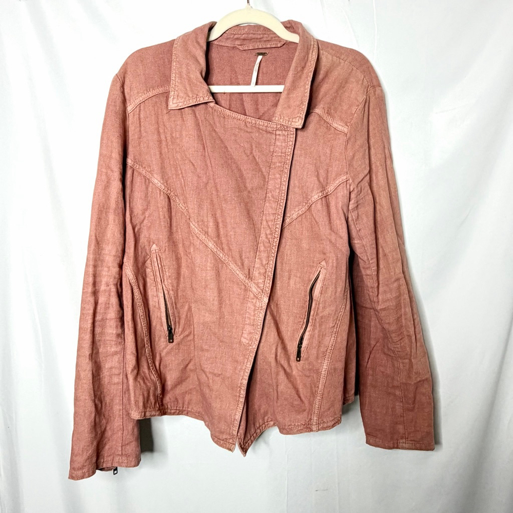 Free People Salmon Pink Linen Blend Asymmetrical Zip Jacket L